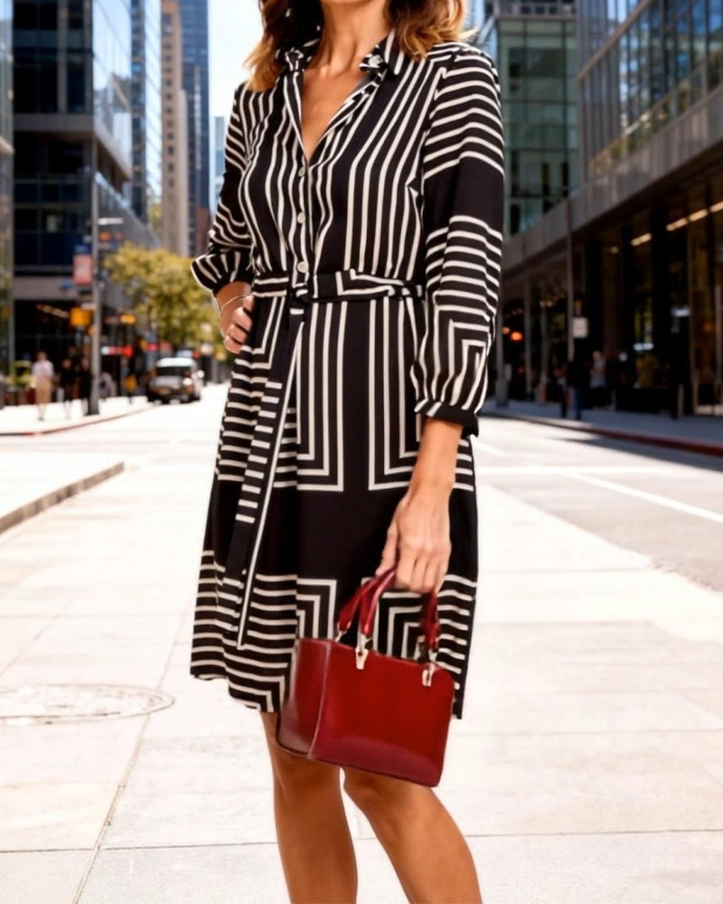 Kjole Revers Krage Stripet Trykk