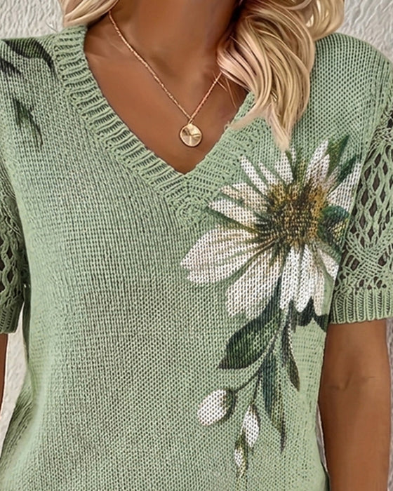Pullover V-Hals Strikket Blomstret