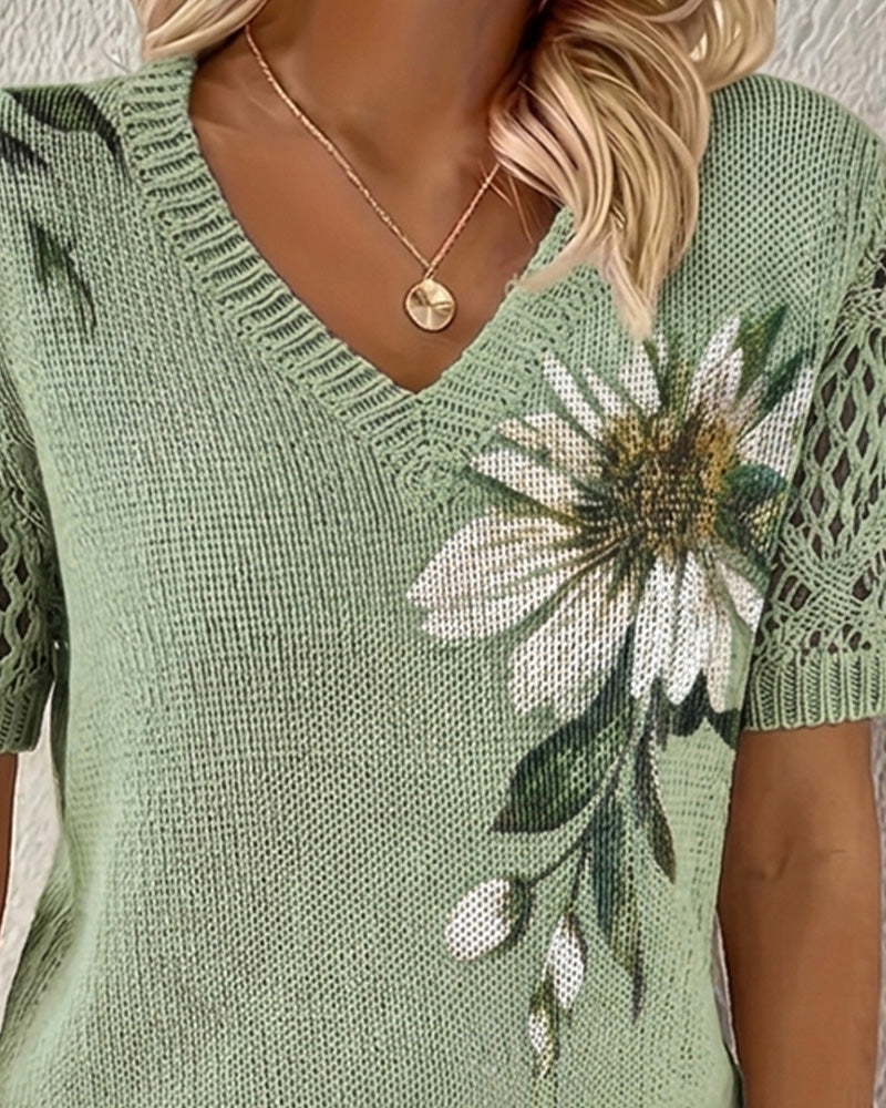 Pullover V-Hals Strikket Blomstret