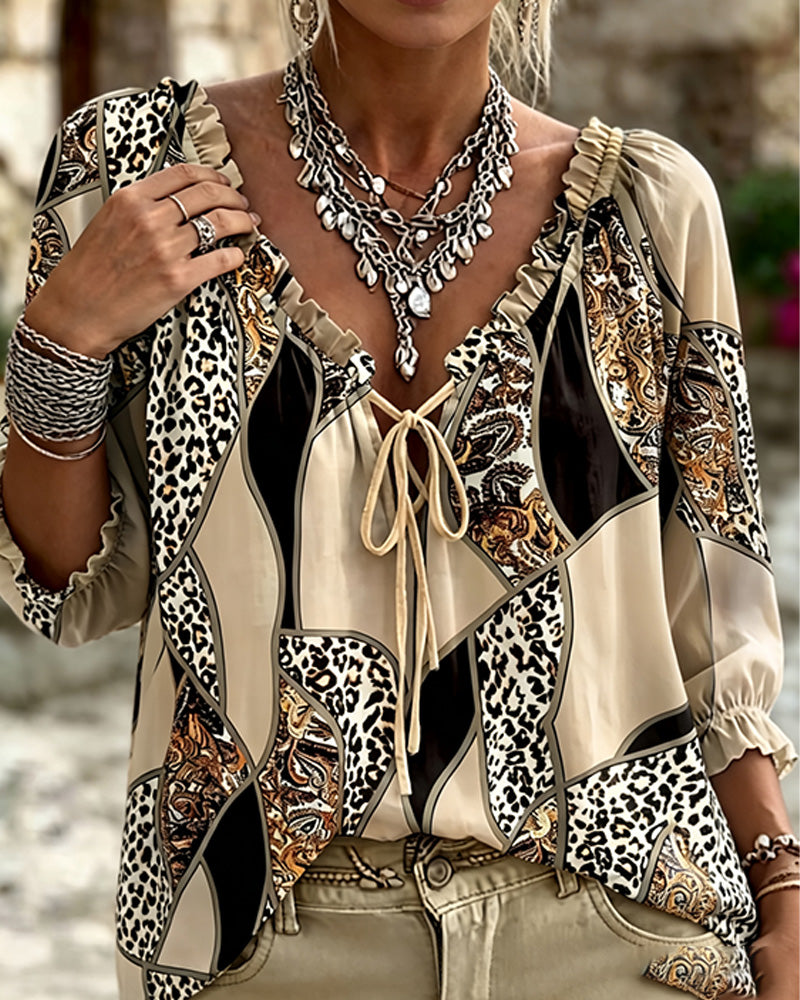Bluse V-Hals Leopard Puffererme Knyte