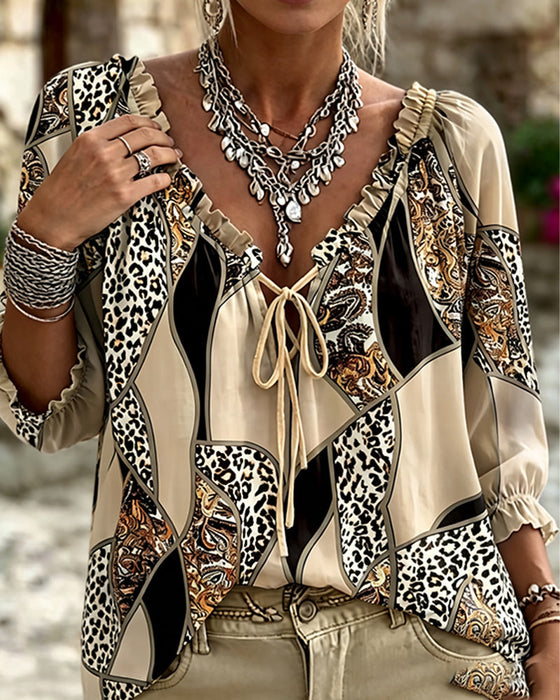 Bluse V-Hals Leopard Puffererme Knyte