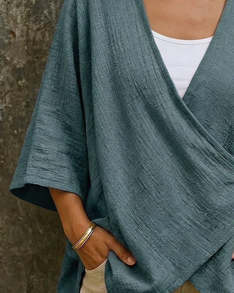 Bluse V-Utringning Kryss Foran 3/4-Erm