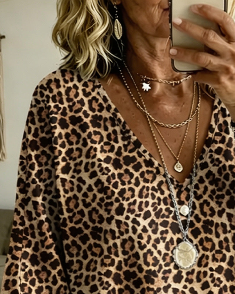 Bluse V-Hals Leopard Casual