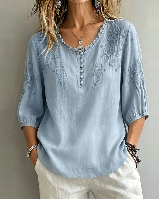 Bluse Broderi 3/4-Erm Ensfarget