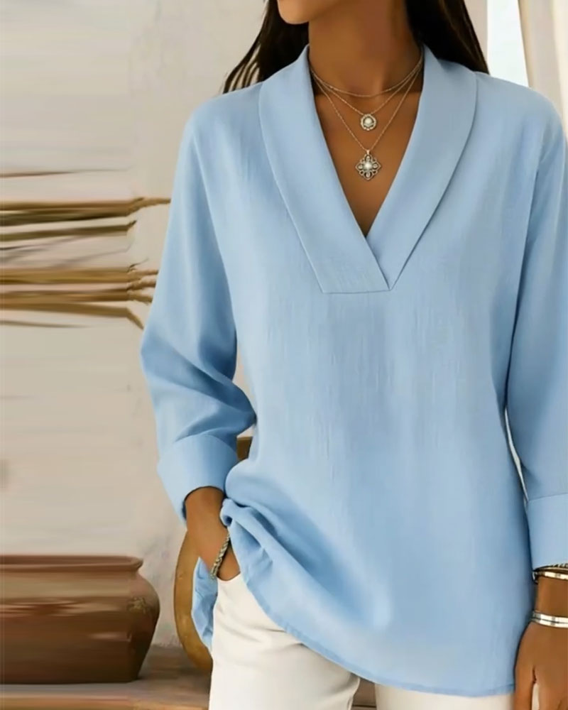 Topp Enkel V-Hals Lang Erme