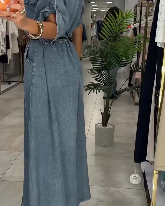 Kjole Skjorte Krage Lomme Knapp Denim