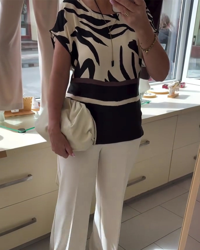 Bluse Rund Hals Geometrisk Patchwork Kort Erme