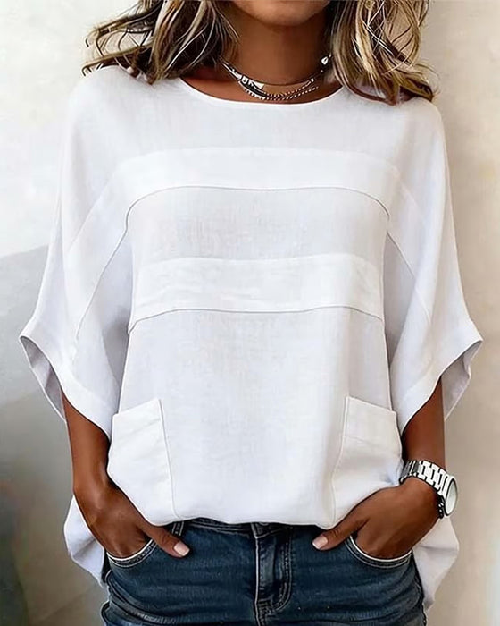 Bluse Flagermuserme Loose-Fit Bomull Og Lin Rundhalset