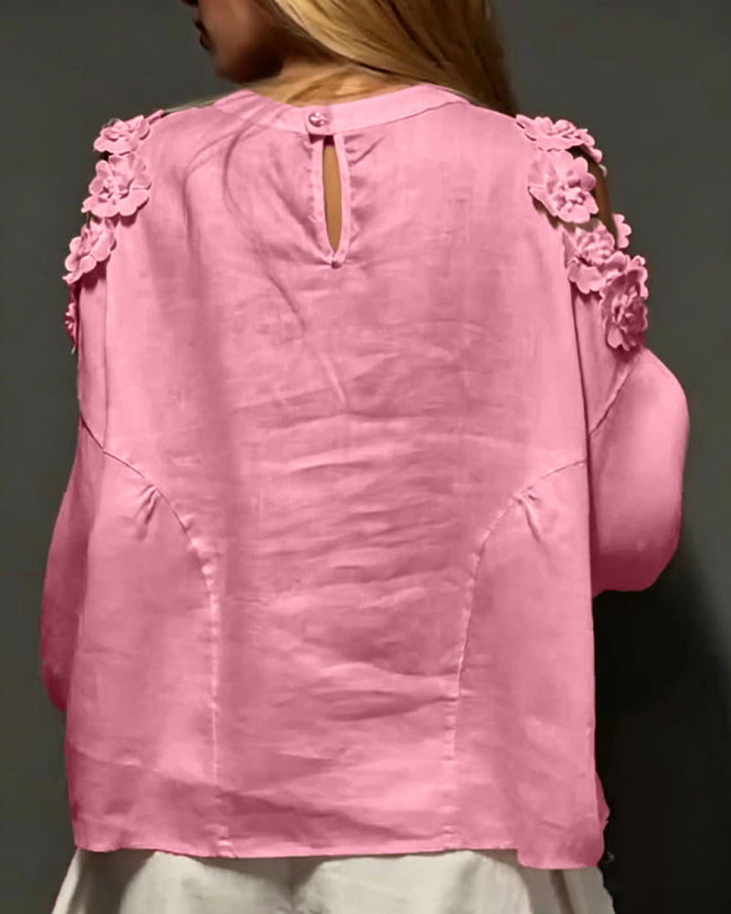 Bluser Rundhals Utskjæring Off-Shoulder 3D Blomstret