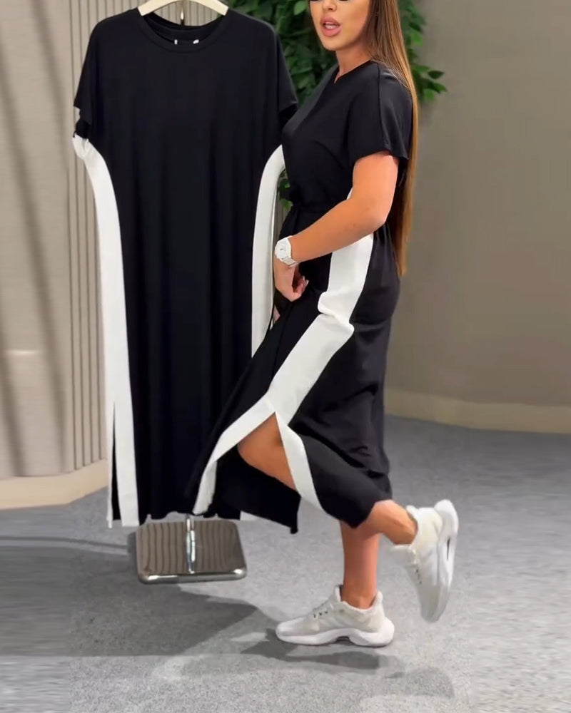 Kjole Rund Hals Lappeteknikk Kort Erme