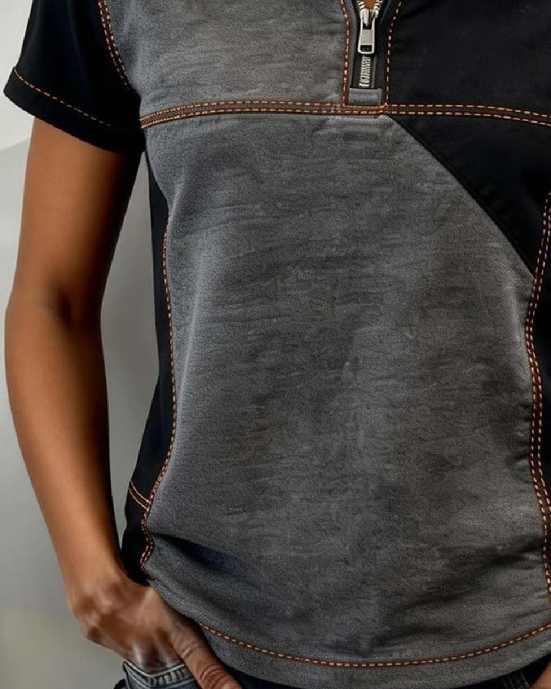 Topp Halvglidelås Fargeblokk Kortermet