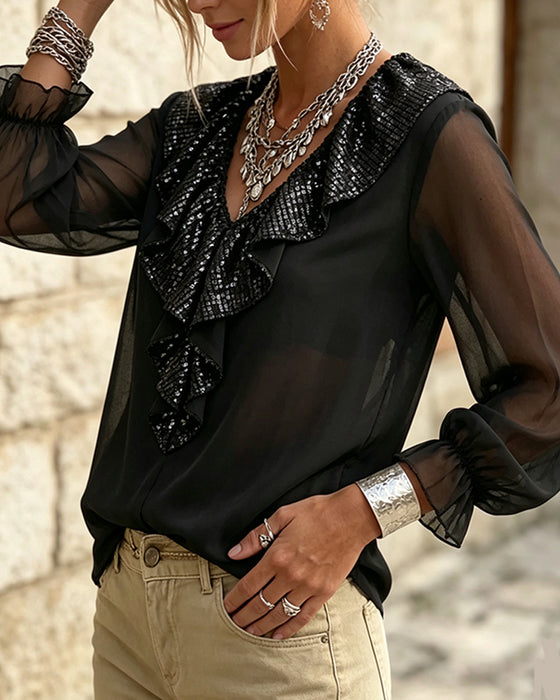 Bluse Stilig V-Hals Blondekant Sheer
