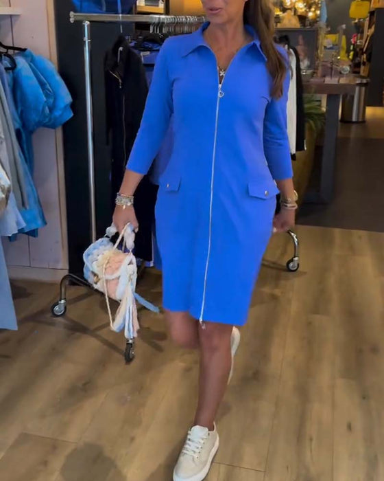 Kjole Krage Ensfarget Glidelås Lang Erme