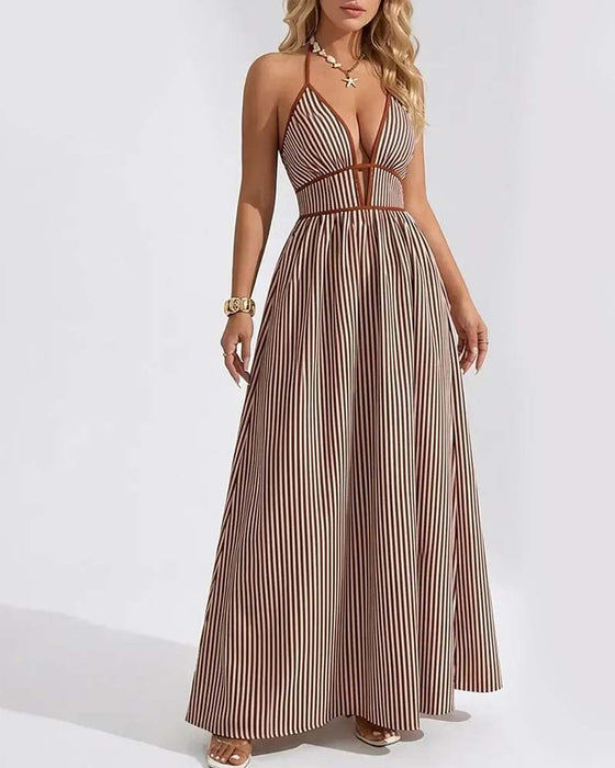 Kjoler Dyp V-Hals Spaghetti Stropp Stripe Lang