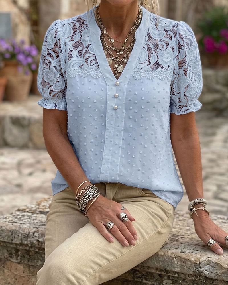 Bluse Kniplingslapparbeid Pufferme V-Hals