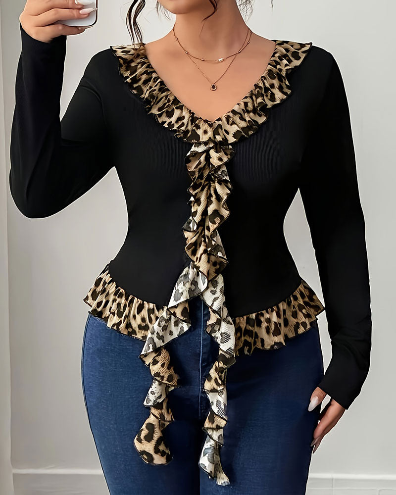 Top V-Hals Ruffle Leopard Trykk