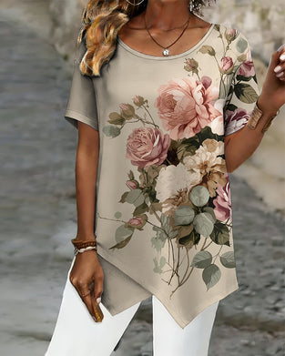 T-Skjorte Vintage Stor Blomstret Asymmetrisk Fal Kort Erme