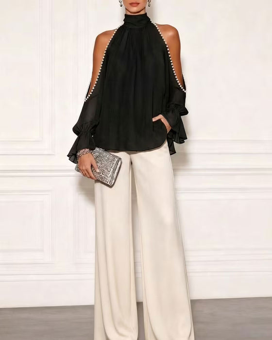 Bluse Turtleneck Off-Shoulder Ruffle