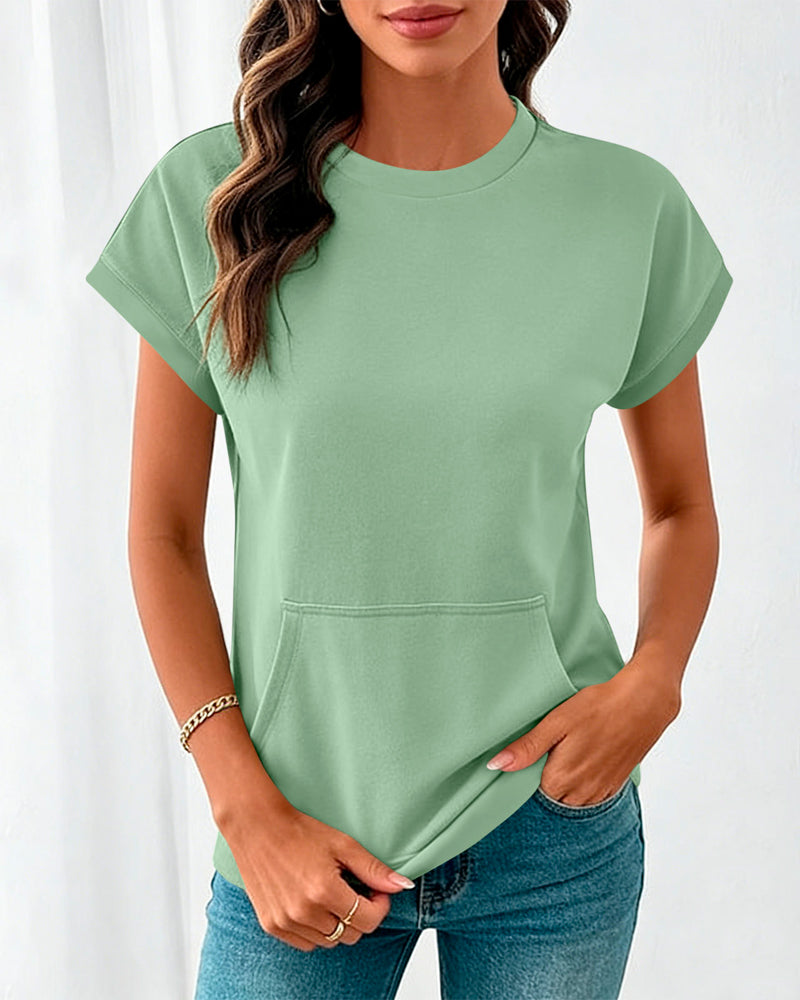 Bluse Forlomme Ensfarget Rund Hals