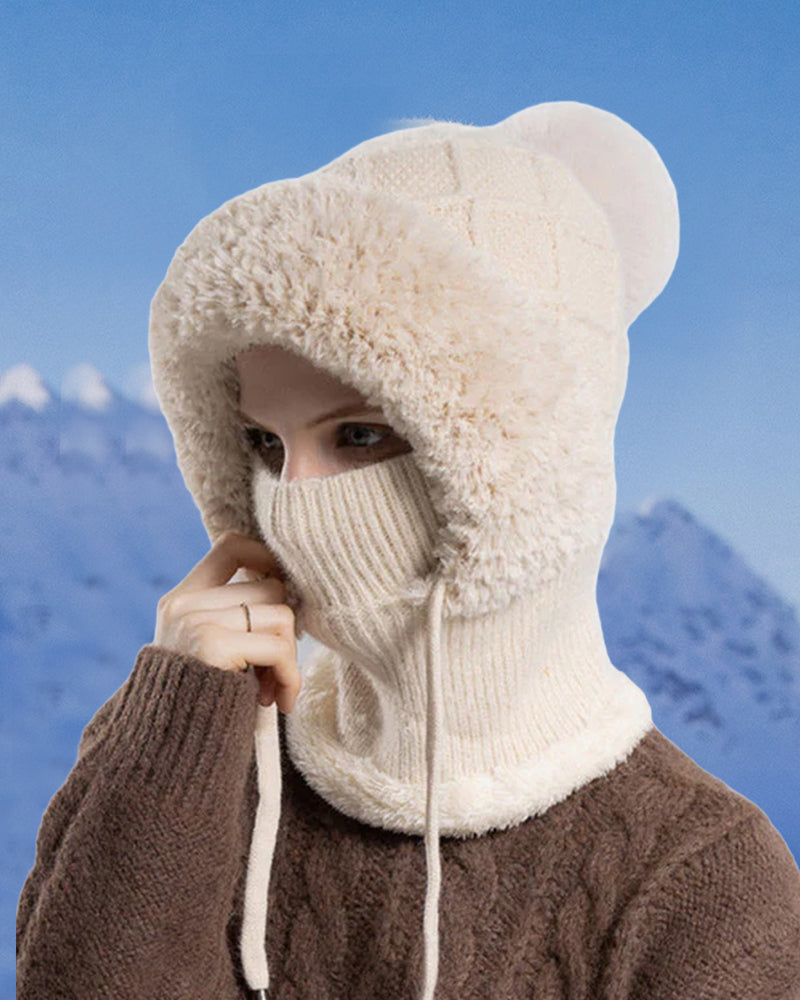 🔥Stilig Tykkstrikket Vinterlue – Med Varmt Ansiktsskjold Og Skjerf🧣