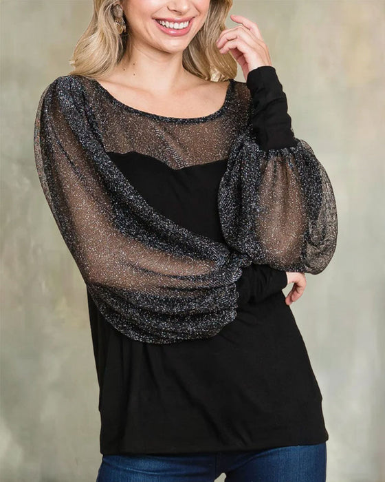 Bluse Sheer Puffererme Panel Avslappet
