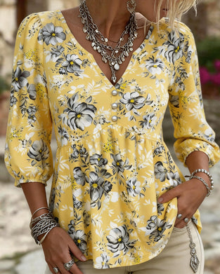Bluse V-Hals 3/4 Erme Blomstret