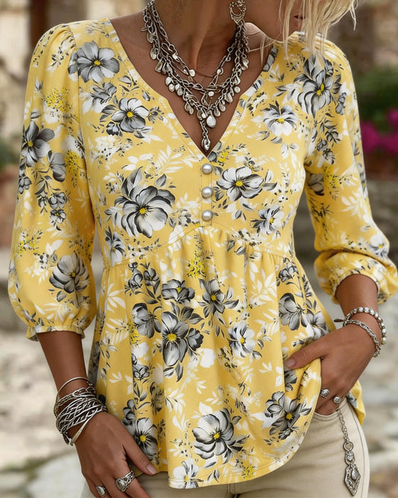 Bluse V-Hals 3/4 Erme Blomstret