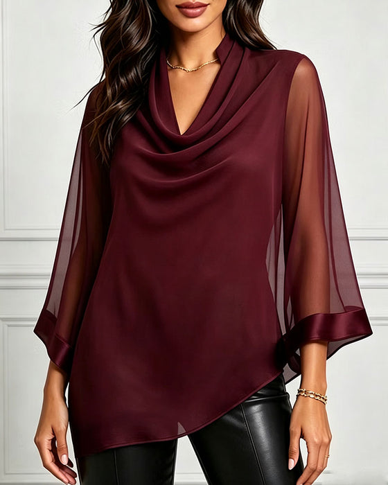 Bluse Cowl Neck Uregelmessig Solid Sheer