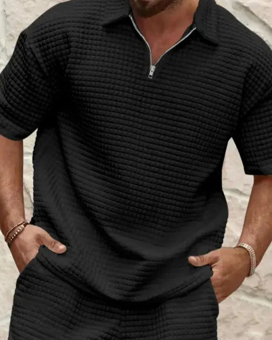 Set Polo Krage Glidelås Vaffel Tekstur Shorts