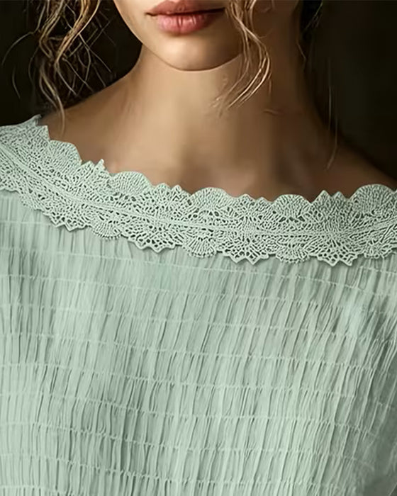 Bluse Rund Hals Rynket Blonde Panel Solid