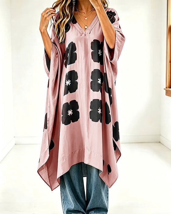 Kjole Trykk V-Utringning Flagermuserme Loose Fit