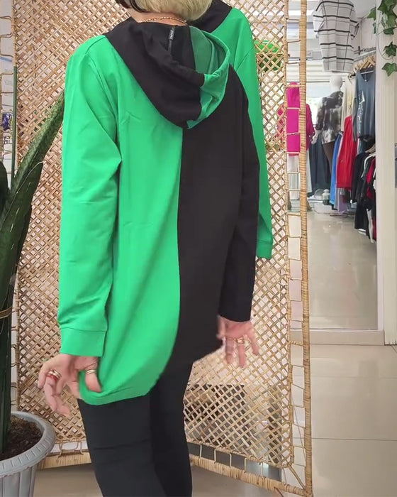 Sweatshirt casual hette fargeblokktrykk