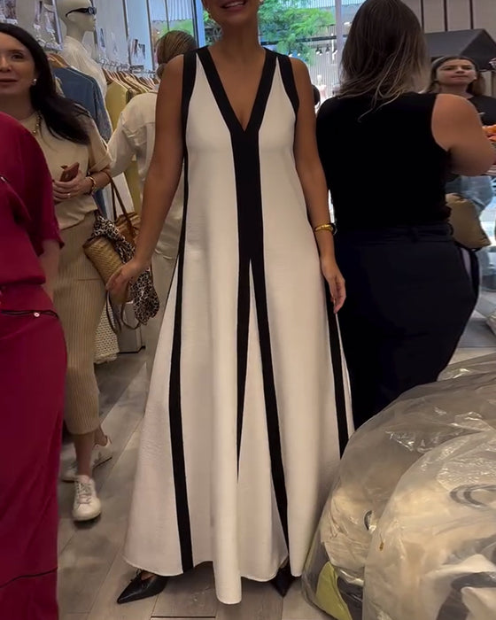 Kjole V-hals Uten Ermer Fargeblokk Løs