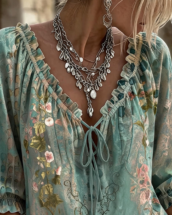 Bluse Blomstrende Trykk Dragsnor Tre Kvarter Erme