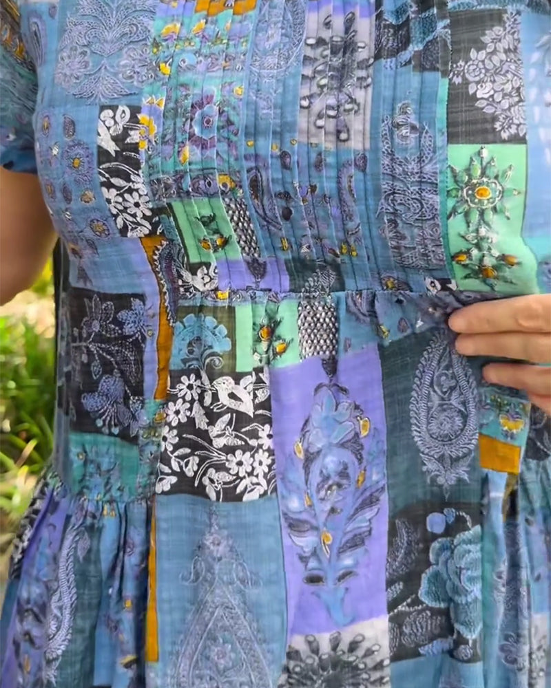 Kjole Rund Hals Plissert Trykt A-Linje