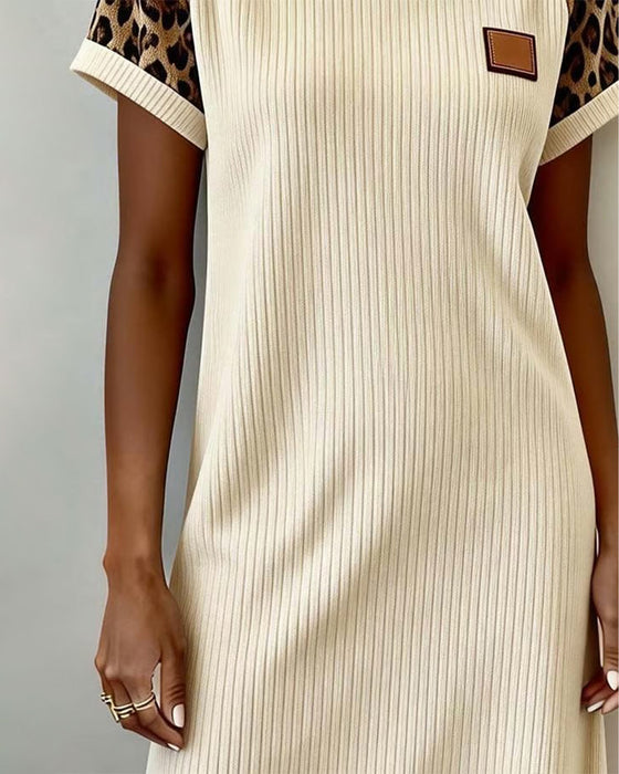 Kjole Rund Hals Leopardprint Fargeblokk