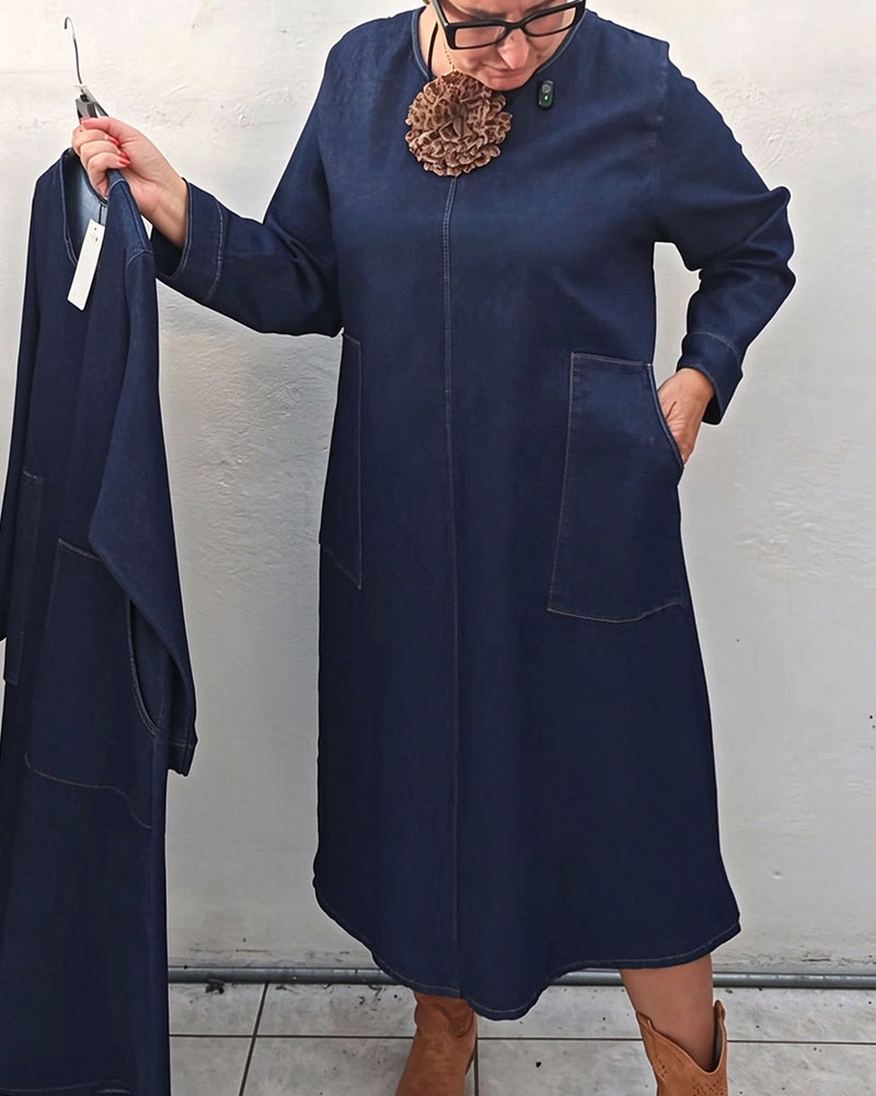 Kjole Rund Hals Lomme Rett Lang Erm Denim