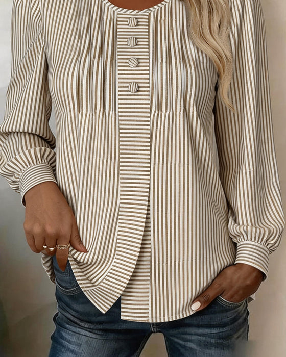 Bluse Rund Hals Knapp Foran Stripe Puffererme