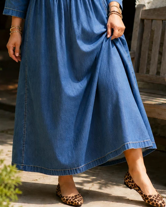Kjole Rund Hals Plissert Lang Erme Denim