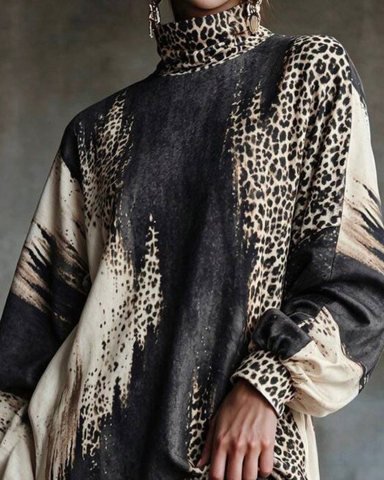 Kjole Turtleneck Leopard Fargeblokk