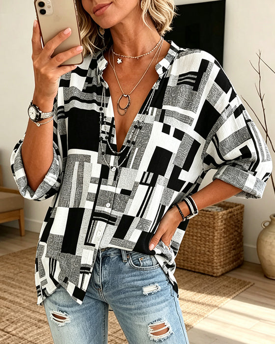 Bluse Geometrisk Trykk V-Hals Avslappet