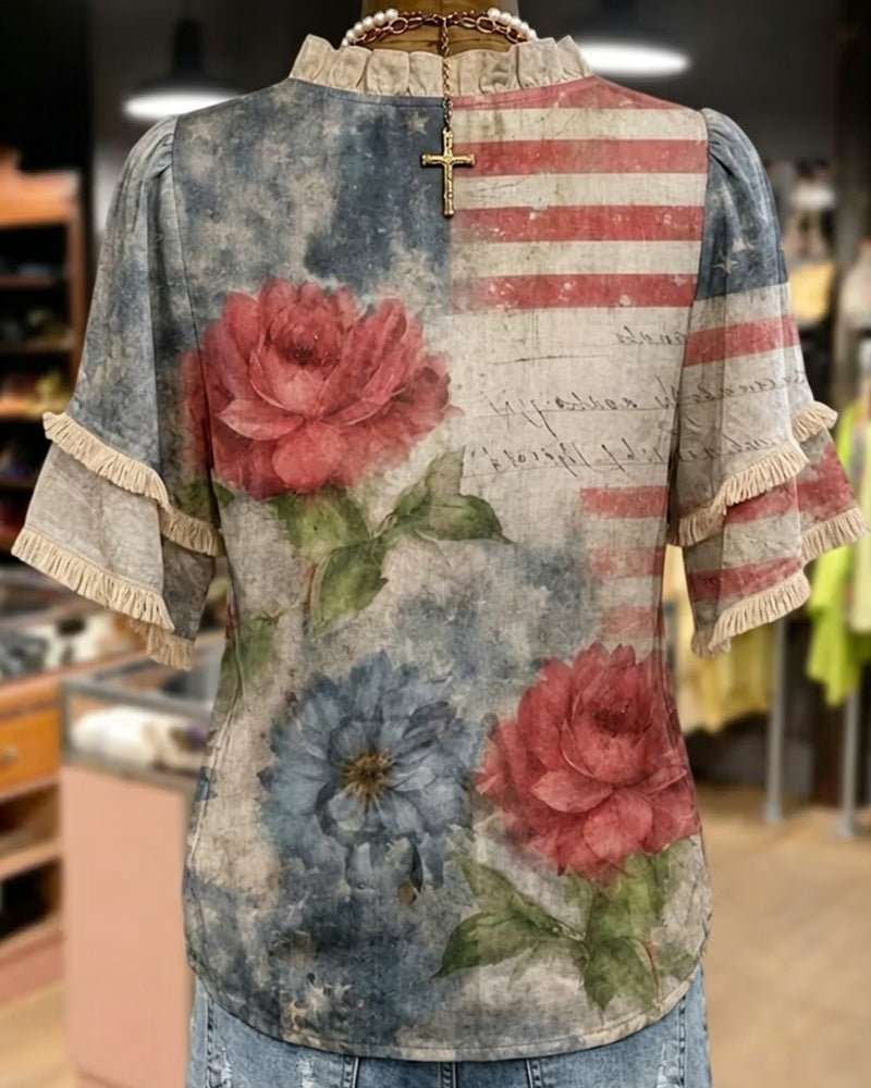 Blomstret Bluse Med Volangkant