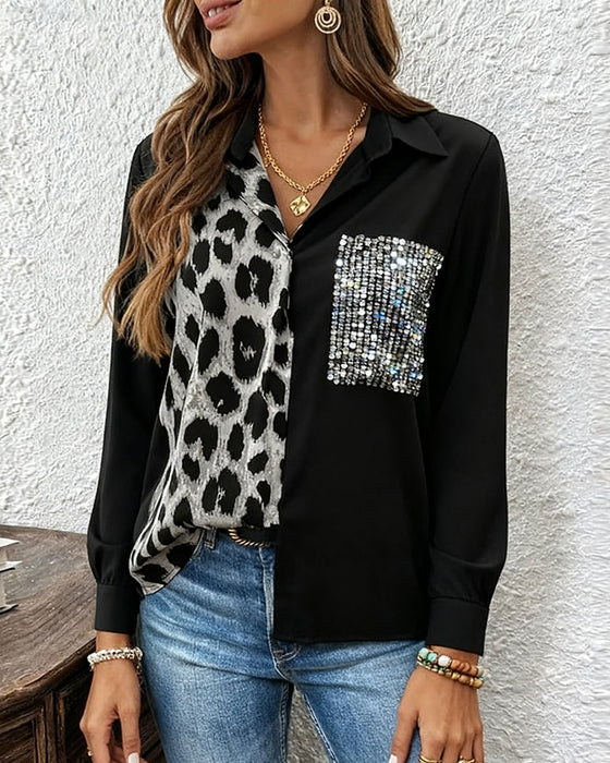 Skjorte Leopardprint Kontrasterende Rhinestones