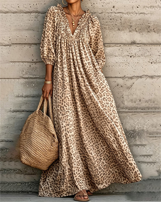 Kjole Leopard Trykk V-Hals Puff Erme