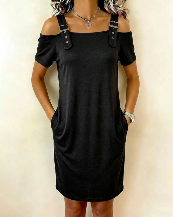 Kjole Metallring Off-Shoulder Ensfarget Kortsermet