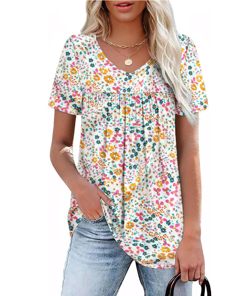 Bluse Blomstret V-Hals Kortermet