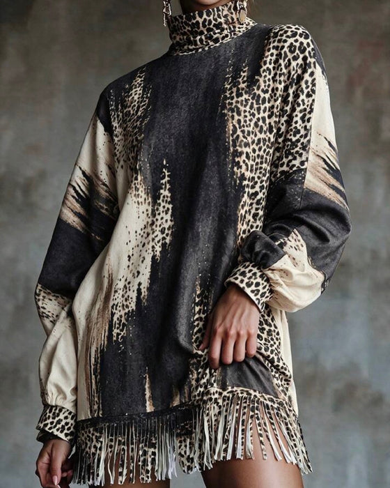 Kjole Turtleneck Leopard Fargeblokk