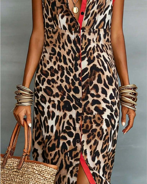 Kjole Slag Leopard Trykk Kontrast Maxi