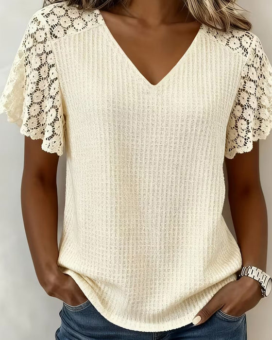 T-Skjorte V-Hals Vaffel Blonde Patchwork Solid