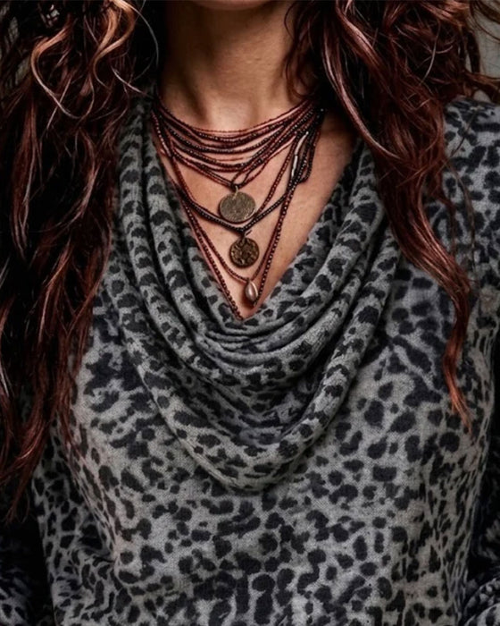 Bluse Mock Hals Leopard Lang Erme